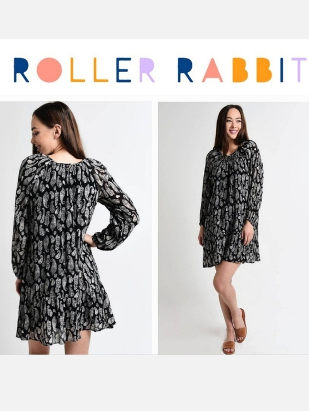 ROLLER RABBIT Clinton Clemente Cotton Dress Black/White Paisly Print Sz S